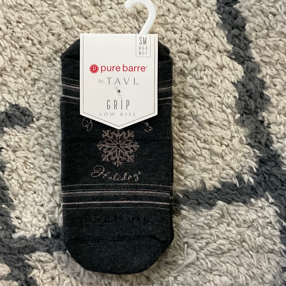 Pure Barre “Happy tucking holidays” Tavi Black and Gray Grip Socks